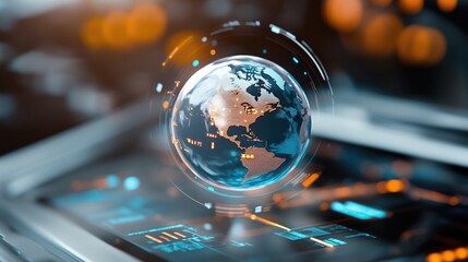 Futuristic digital globe interface with technology elements on screen