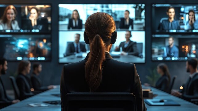 A corporate team on a video conference call in a modern office with multiple screens and a central table.