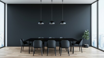 Luxury home minimalist and exclusive, Modern conference room featuring a sleek black table, stylish chairs, and large windows with a city view, illuminated by pendant lights.