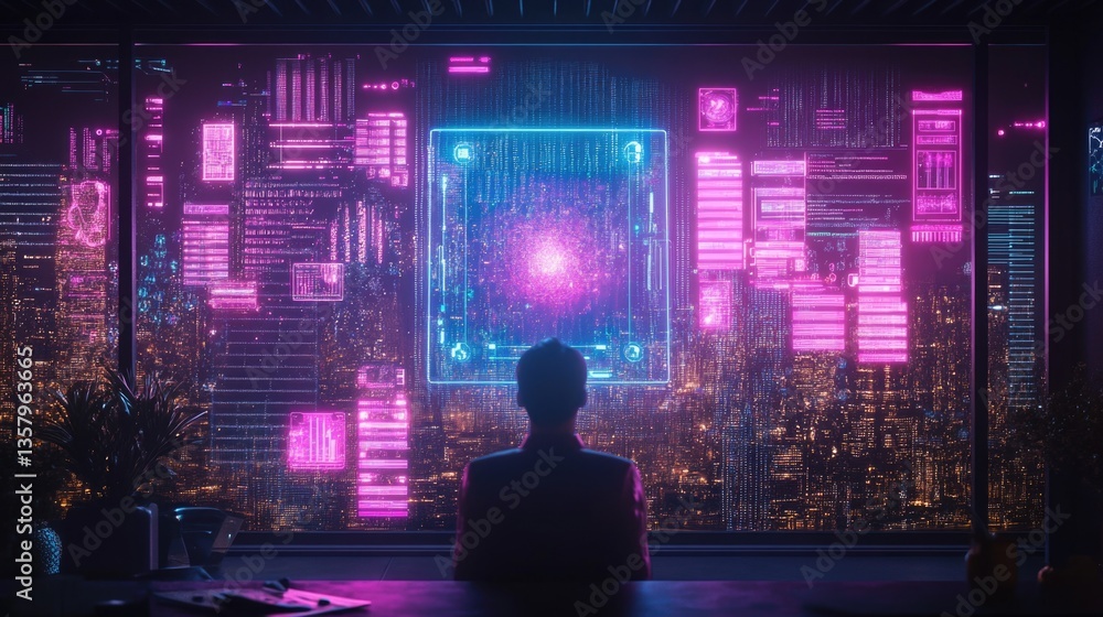 Poster futuristic interface: man observing neon data display in cityscape