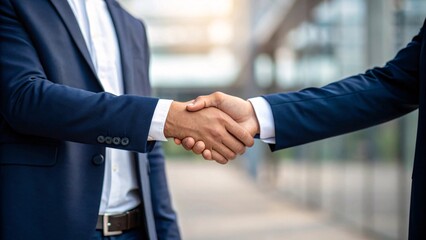 Business handshake between professionals against modern office backdrop. Created with Ai