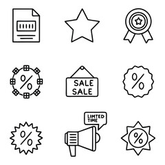 Sale and Promotion Icons Vector Set – Limited Time, Discount, Megaphone, Star, Badge, Coupon, Outline Style