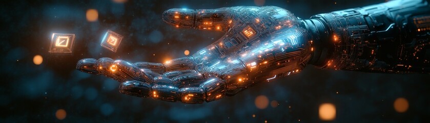 Digital hand interacts with microchip technology, symbolizing innovation and technological advancement