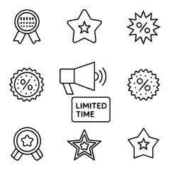 Ecommerce Promotion Icon Set Vector – Line Art Style Marketing Elements Including Discount Badges, Sale Tags, Star Ratings, Limited Time Offers, Price Label, Ribbon Award, Megaphone, and Promo Percent