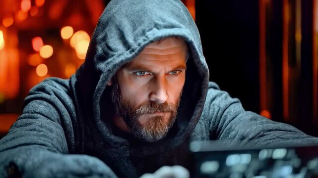 A focused individual wears a hoodie while intently observing a laptop in a dimly lit environment filled with glowing lights.