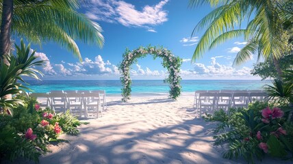 A colorful banner promoting a tropical beach wedding, with white chairs and an arch near the shoreline, creating a romantic and joyful atmosphere in bright daylight.