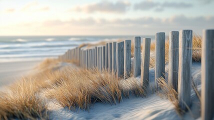 A solitary wooden fence running along the edge of the beach dunes with sand blowing in the breeze, creating a quiet and reflective atmosphere under late afternoon light.
