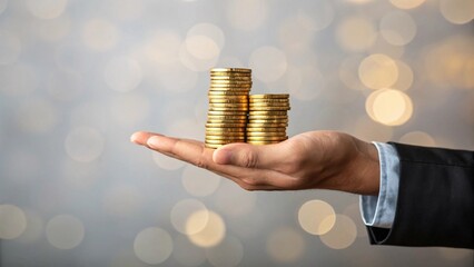 Closeup of hand holding stacks of gold coins with bokeh effect background. Background for business use. Created with Ai