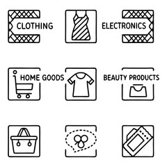 Hand-Drawn Shopping Icons Vector – Clothing, Electronics, Home Goods, Beauty, Cart, Basket, Products, Deals
