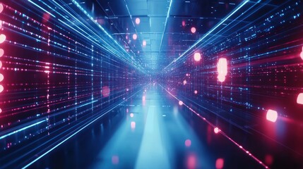 Obraz premium Futuristic digital tunnel, glowing lines, data stream, vibrant lights