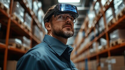 A warehouse supervisor uses a smart wearable device to track employee performance, focusing on productivity and modern technology with detailed analytics.