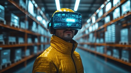 A warehouse worker wears a smart helmet with an AR interface in an industrial warehouse, showcasing high-tech and futuristic operations.