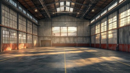 An empty warehouse interior featuring an open floor space, providing a minimal, spacious, and highly adaptable environment.
