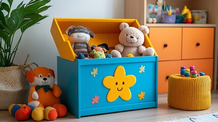 Colorful toy chest overflowing with stuffed animals and toys