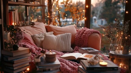 Cozy Living Room with Soft Lighting and Warm Textiles for Relaxation and Comfort