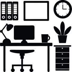 Black Office Silhouette Icon Set – Workspace Vector Illustration Featuring Desk, Chair, Monitor, Lamp, Clock, Wall Frame, Drawer Cabinet, Mug, Indoor Plant, and File Binders for Business and Productiv