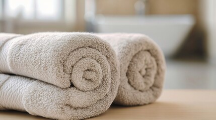Cozy fluffy beige towels rolled and arranged neatly in a warm bathroom environment