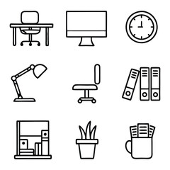 Minimal Office Line Icon Set – Vector Collection Featuring Desk, Monitor, Chair, Clock, Lamp, File Binder, Bookshelf, Plant, and Mug with Documents for Workplace, Productivity, and Interior Design Pro
