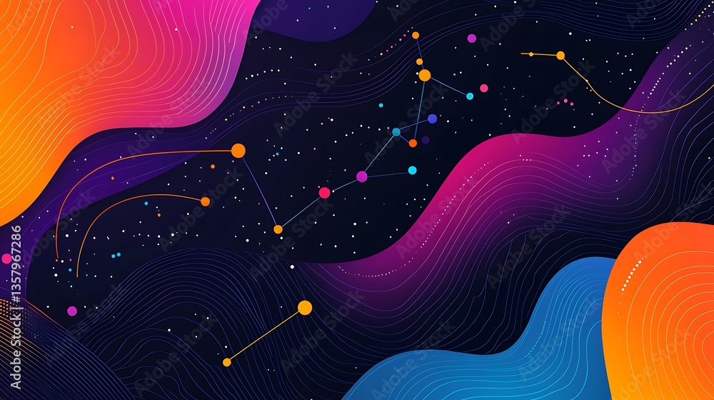 Poster abstract cosmic waves with vibrant colors and subtle constellations. interconnected dots and lines i
