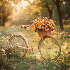 Fototapeta premium Bicycle with a basket of flowers in a sunlit garden