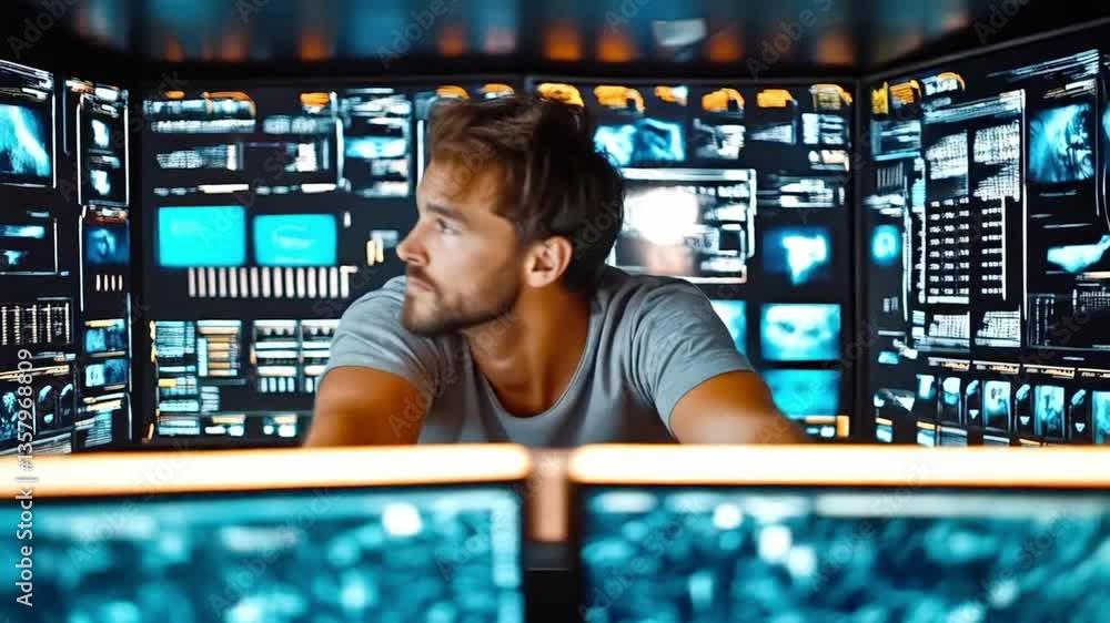 Aufkleber A cybersecurity expert assesses data breach threats in a modern tech workspace filled with multiple screens displaying analytics.