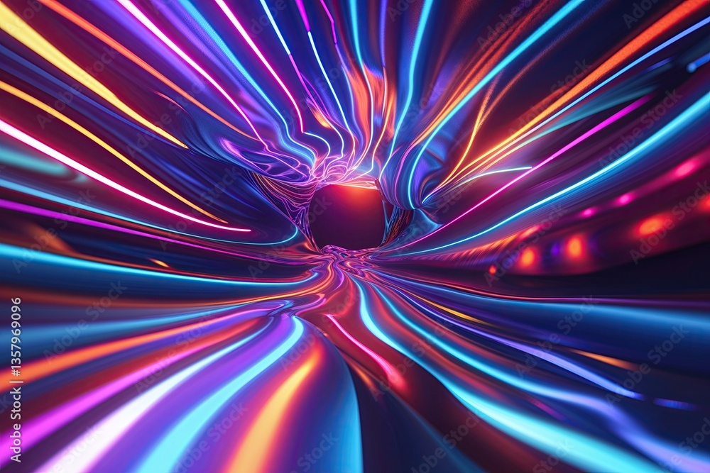 Poster vibrant 3d exploration of neon wave patterns with dynamic light projections and colorful streaks