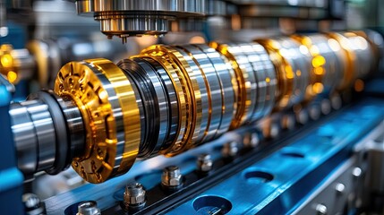 Fototapeta premium Close-up of gold and silver industrial parts during manufacturing process. Illustrates precision engineering, automation, and high-tech manufacturing.