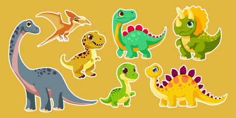 A collection of dinosaur stickers with different sizes and colors. The stickers include a T-Rex, a Stegosaurus, a Triceratops, and a Brachiosaurus
