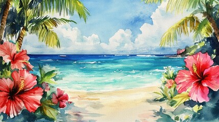 tropical flowers on the beach with the ocean and sky in the background