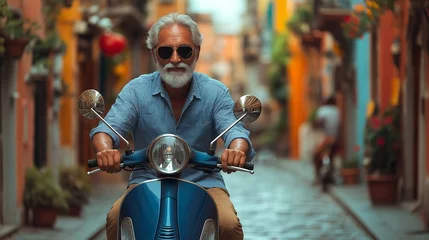Fotobehang Stylish man rides a blue scooter through a vibrant city street with confidence. © Anna Baranova
