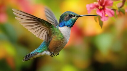 Fototapeta premium A tiny hummingbird with vibrant blue, green, and white plumage hovers in mid-air, its long beak delicately reaching for nectar from a delicate pink flower. The hummingbird's wings blur with speed.