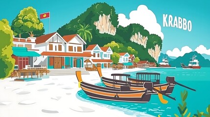 Picturesque tropical beach scene with traditional longtail boats and coastal homes. Lush greenery and clear water showcase a tranquil getaway
