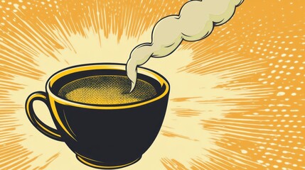 Hot coffee cup, steam, comic book style background