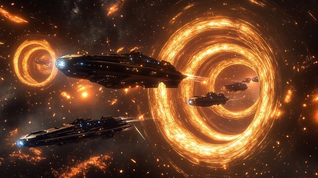 Creative concept art of interstellar ship traveling through glowing wormholes