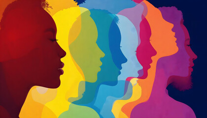 Abstract silhouettes, vibrant colors, diversity, overlapping profiles, artistic illustration, harmonious composition