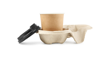 Paper coffee cup in cardboard holder isolated on white
