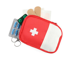 First aid kit. Different medical supplies isolated on white, top view