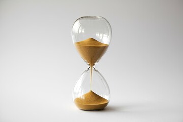 Sands of Time Flowing in Clear Glass on White Background, Conceptual Time Management, Soft Light, Simple Composition, Gold Sand