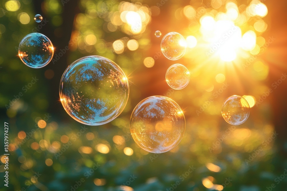 Poster bubbles float in the sunlight, creating a magical atmosphere in a green outdoor setting during golde