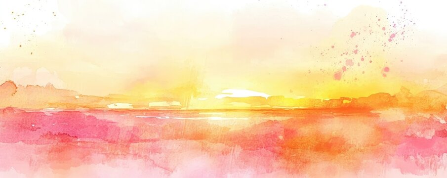 Pastel Sunset Watercolor Background. Sunrise Serenade: Soft pastel splatters in shades of pink, orange, and yellow, evoking the peaceful beauty of a sunrise over the horizon. MZ 