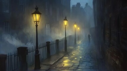 Misty Alleyway, Foggy Evening, Figure Walking, Old Town