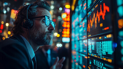 Obraz premium Trader professionnel sur une place boursière dynamique – Analyse des marchés financiers en temps réel