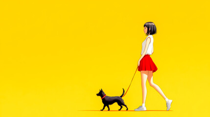 Young woman walking a black dog on a red leash against a vibrant yellow background