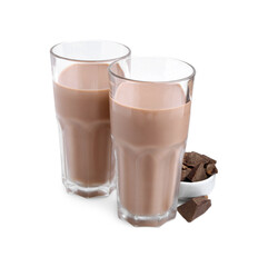 Tasty chocolate milk in glasses and pieces of chocolate isolated on white