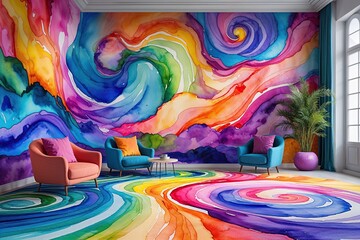 Naklejka premium Colorful 3D Room Scene with Vibrant Watercolor Swirl Background