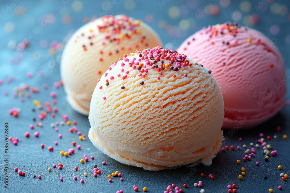 Poster colorful ice cream scoops with sprinkles on dark surface create a delightful dessert display