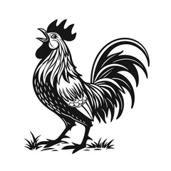 Crowing Rooster Illustration - Farm Bird Vector Art in Black and White