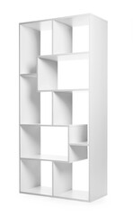 Empty wooden shelving unit isolated on white