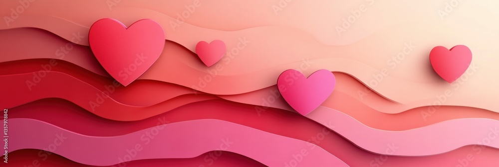 Poster Romantic layered paper cut design with floating hearts in soft red and pink gradients over deep textures for a heartfelt atmosphere Generative AI