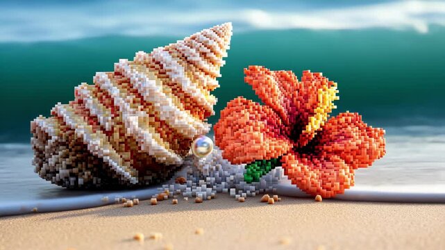Pixelated beach scene with spiral shell, hibiscus flower, and ocean waves
